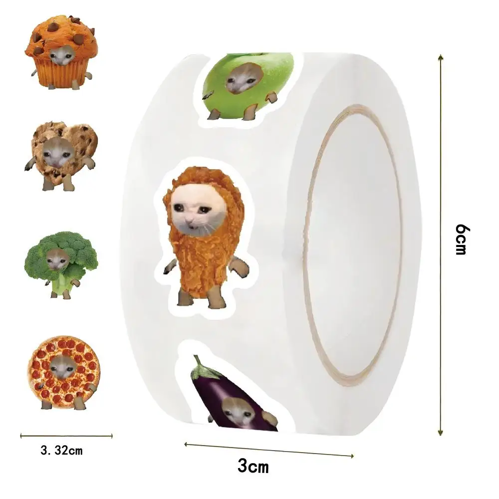 

500pcs/roll Funny Meme Cat Head Fruit Food Stickers Cute Cartoon Sealing Decals Fridge Notebook Phone Creative Sticker Toy Gift