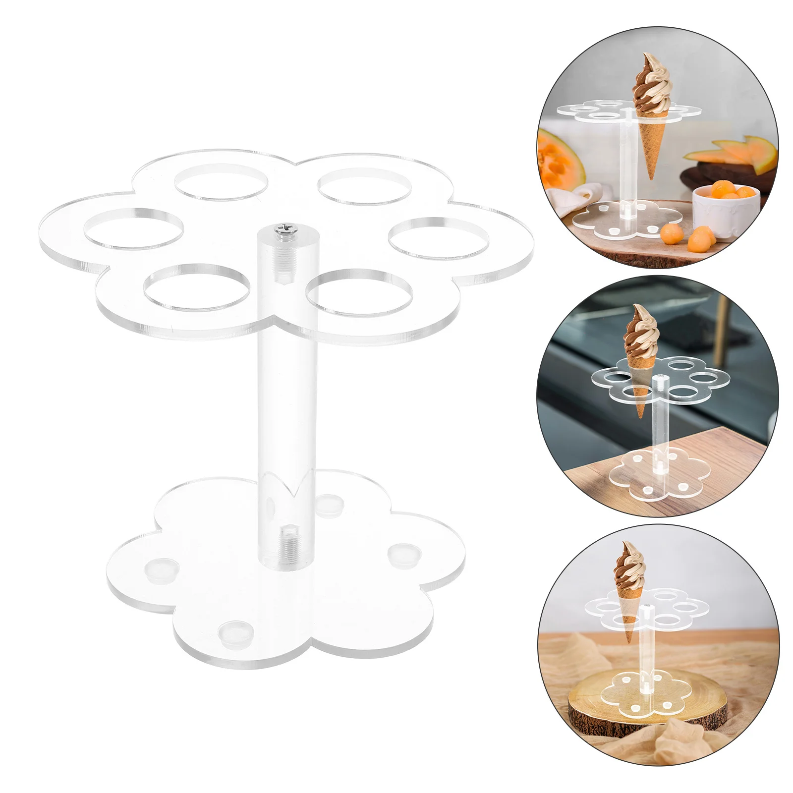 

6 Slot Ice Cream Cone Holder Clear Acrylic Display Stand for Multiple Cones Sturdy Spill Proof Base Party Event Dessert Tray