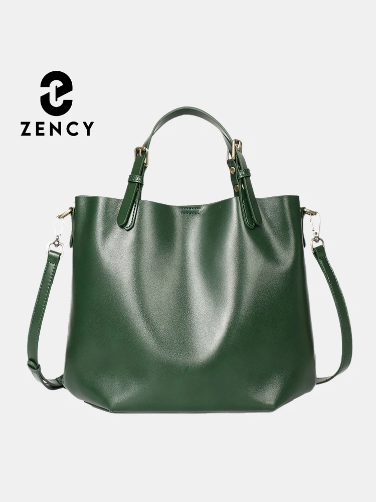 Zency Genuine Leather Simple Shoulder Bag Large Capacity Women Casual Handbag Crossbody Vintage Oil Wax Shopper Tote Bucket Bag