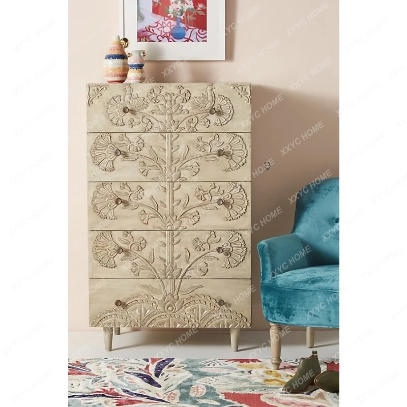Drawer high chest solid wood carving flower do old chest of drawers of drawers country bedroom locker