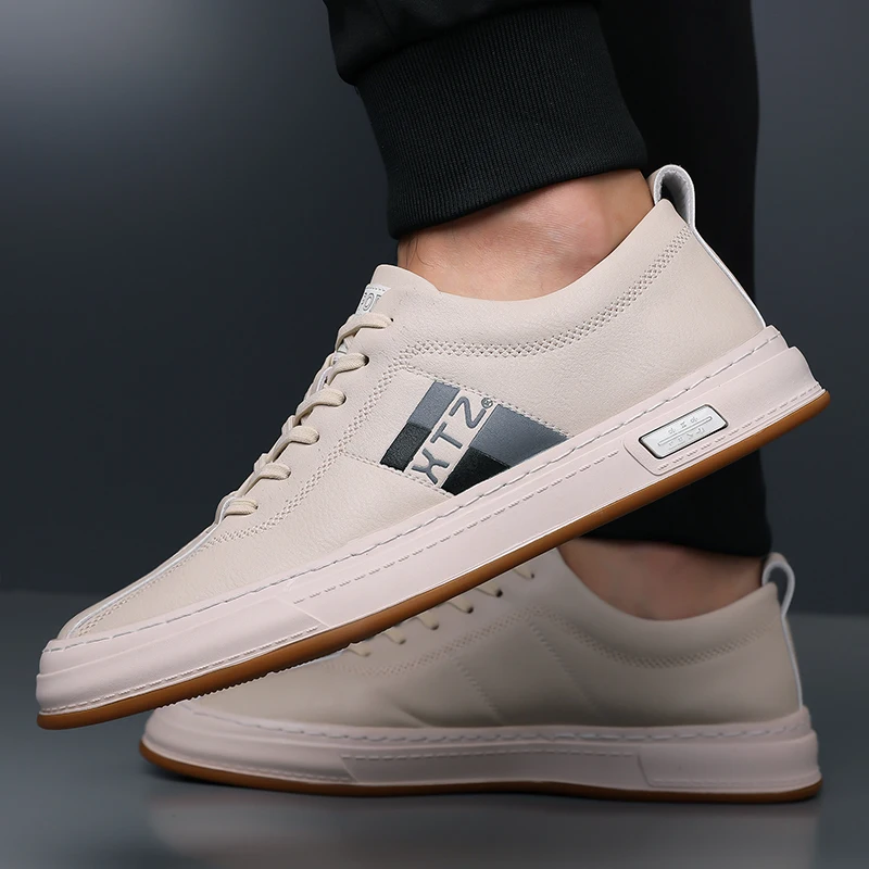 

Новинка 2023 года, кожаная мужская обувь, нескользящие спортивные модные удобные кроссовки, мужские повседневные брендовые мужские повседневные кроссовки без шнуровки на плоской подошве