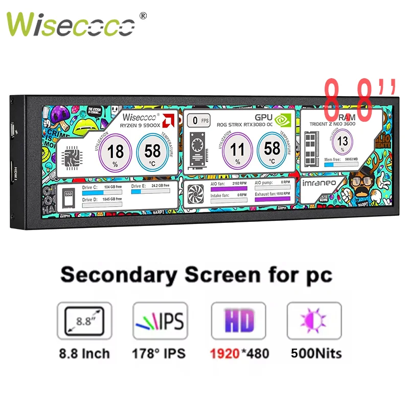 

Wisecoco 8.8 Inch 1920x480 Mini Portable Monitor Long Strip Screen PC Display for Computer Raspberry pi Aida64 CPU GPU Monitoing