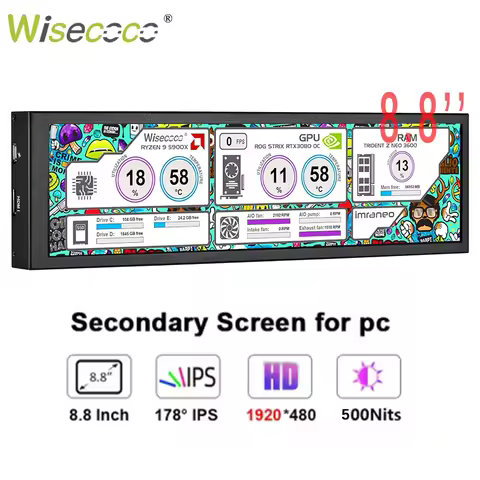 Wisecoco 8.8 Inch 1920x480 Mini Portable Monitor Long Strip Screen PC Display for Computer Raspberry pi Aida64 CPU GPU Monitoing