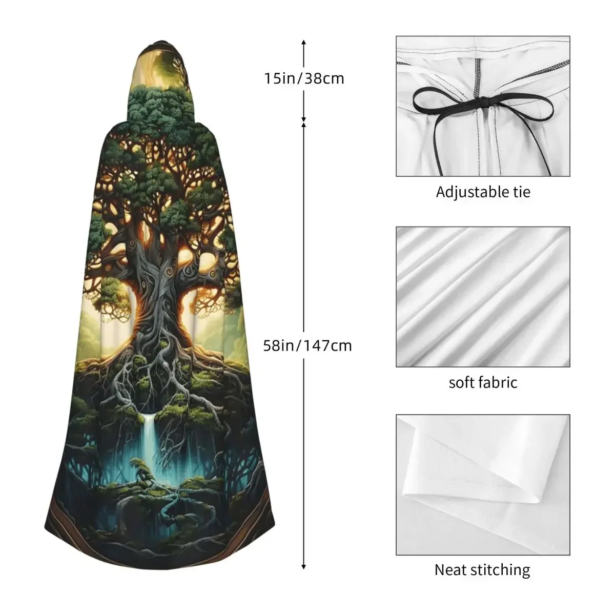 Customization Great Tree Of Life Digital Print Long Hooded Cloak Witch Medieval Costume Cosplay Cape HalloweenCoat Adult Unisex