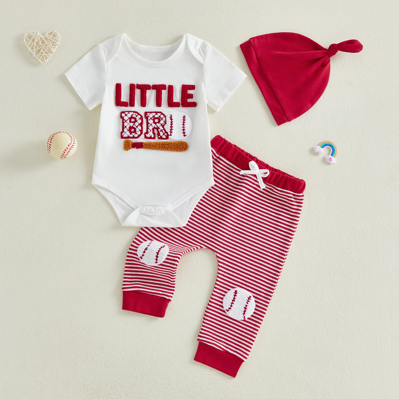 

Infant Boys Clothing Set Short Sleeve Romper with Embroidered Letters Striped Pants and Matching Hat for Baby Boy s Outfit