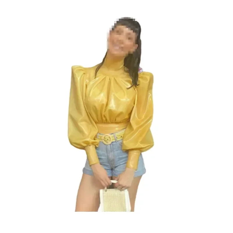 

Sexy Black Women Latex Short Sleeves Shirt Rubber Top Tight Customize with Back Zipper