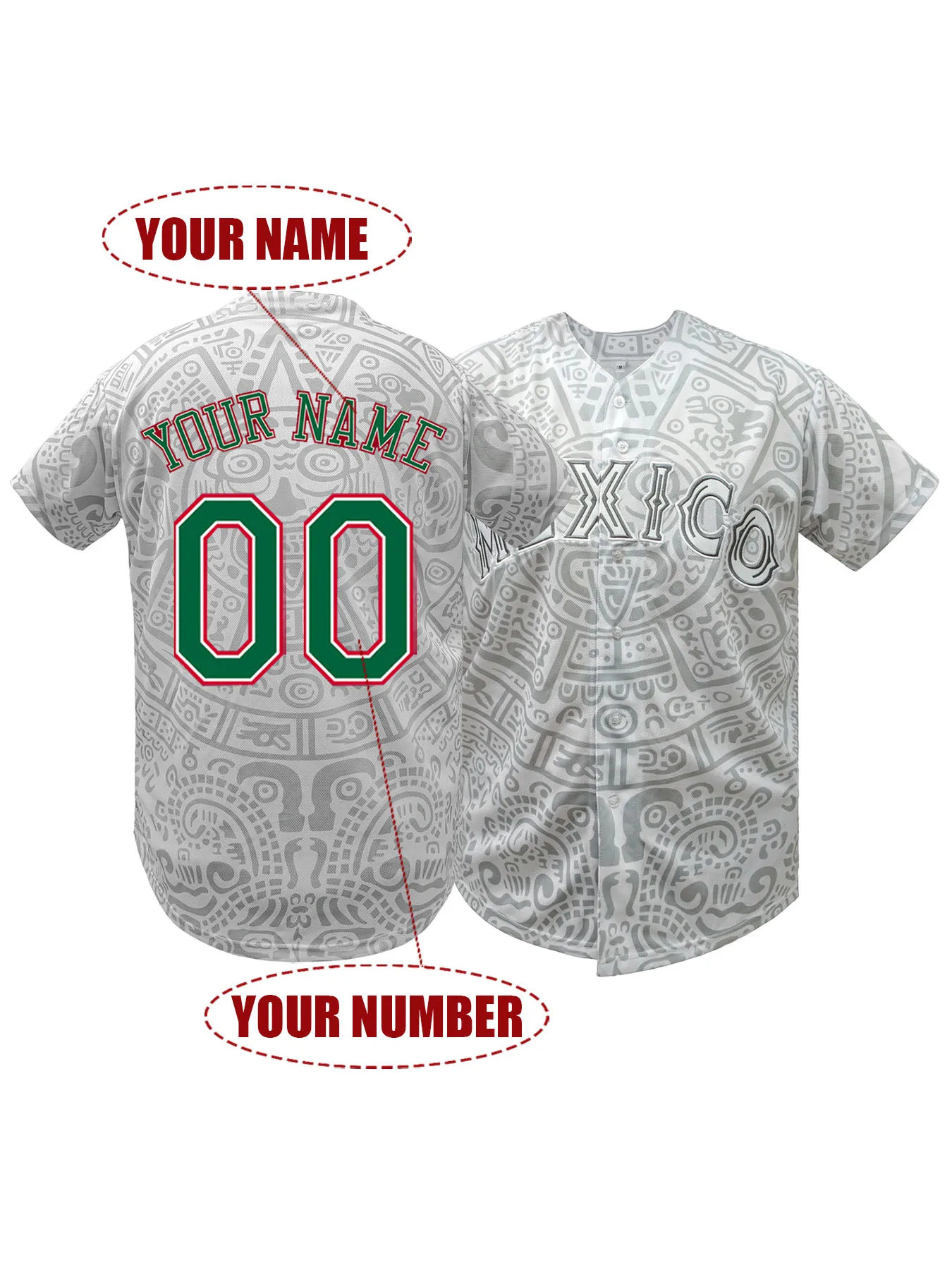 White Embroidered Mexico Aztec Baseball Jersey Custom Name Number Breathable Men Women Casual Streetwear Top S-3XL