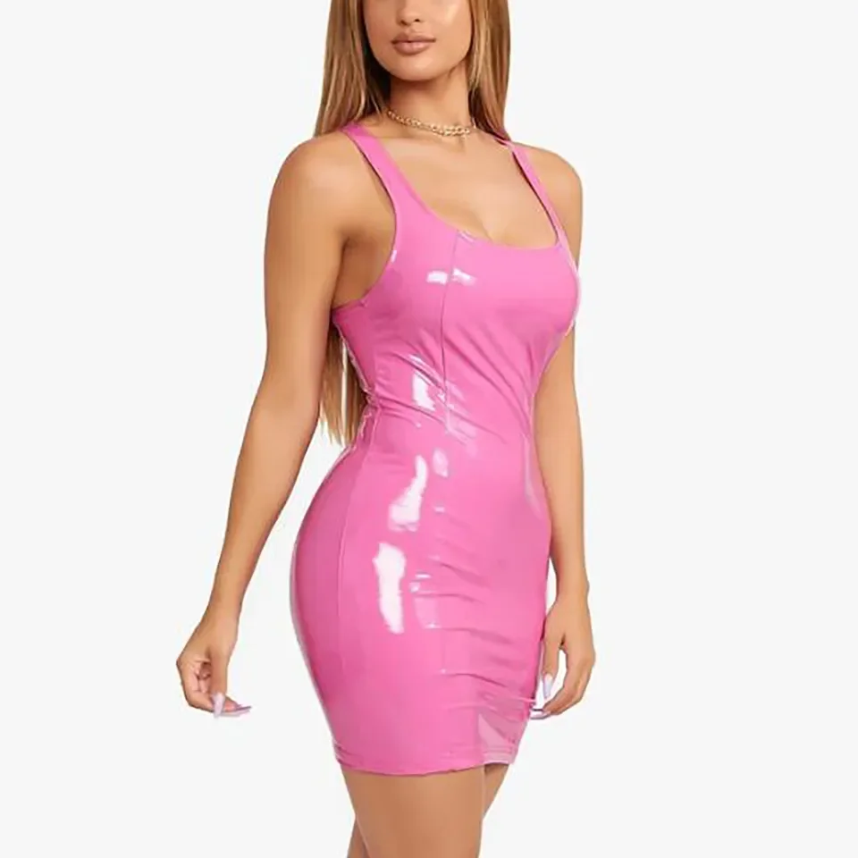 Women Sexy Pu Leather Party Night Club Elegant Slip Bodycon Sleeveless Bodycon Mini Dress Ladies Summer Short Dresses Clubwear