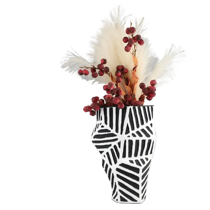 Modern Minimalist Geometric Hand Painted Black White Striped Resin Dried Flower Vase Ornament for Living Room Bedroom