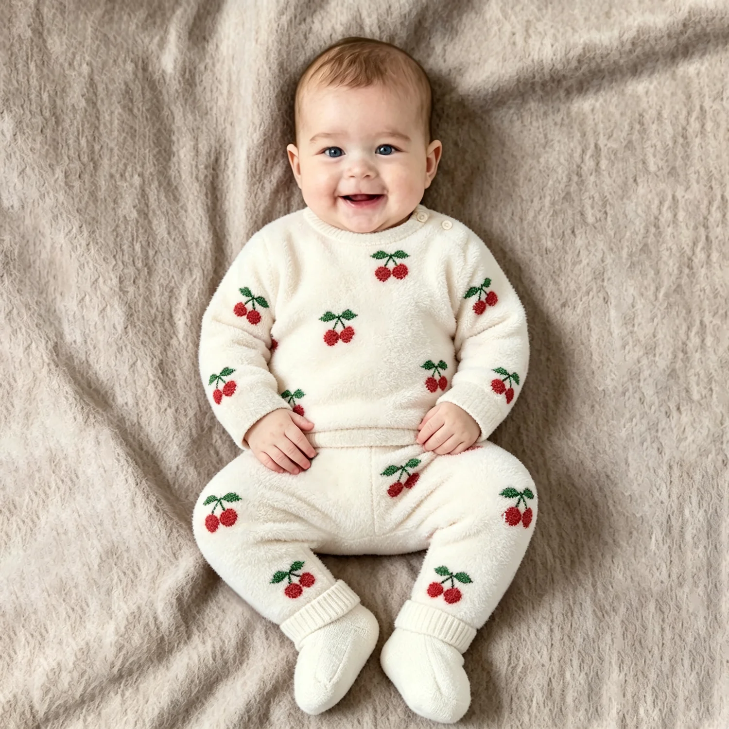 Baby 2Pcs Fleece Outfit Set 0‑3Y Toddler Girls Cherry Jacquard Pullover Sweater + Pants Infant Autumn Winter Warm Clothes Suit