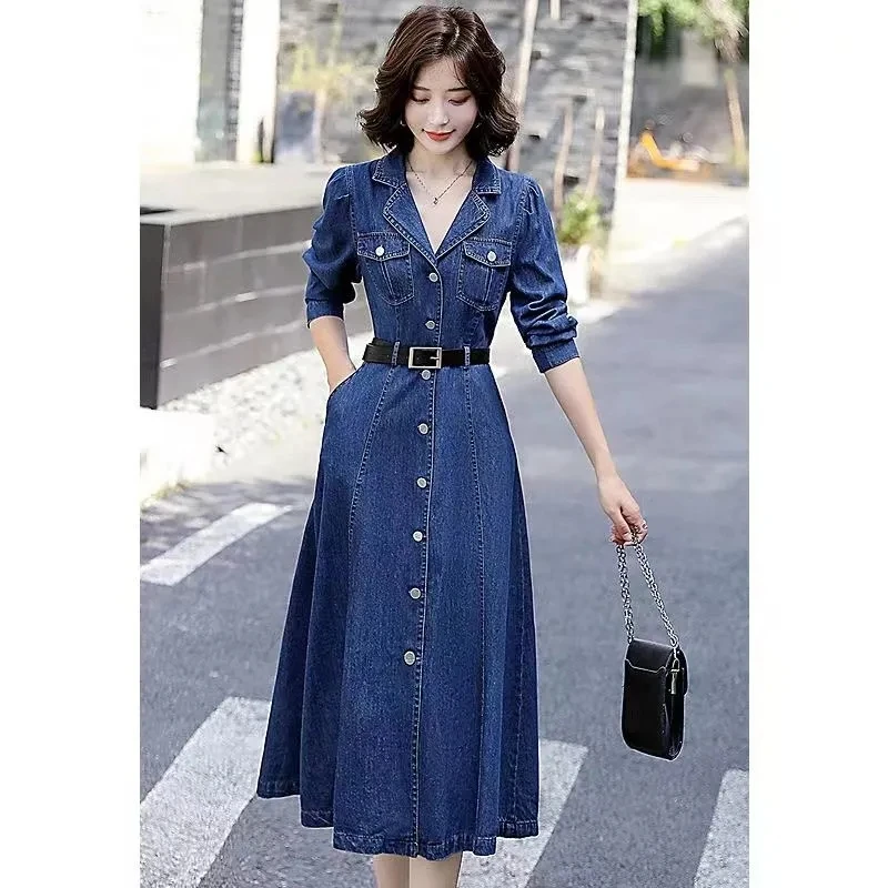 Denim Dress Women 2023 Spring New Fashion Slim Reduction Age Over Knee Denim Skirt Female Casual Long Single-breasted Dresses