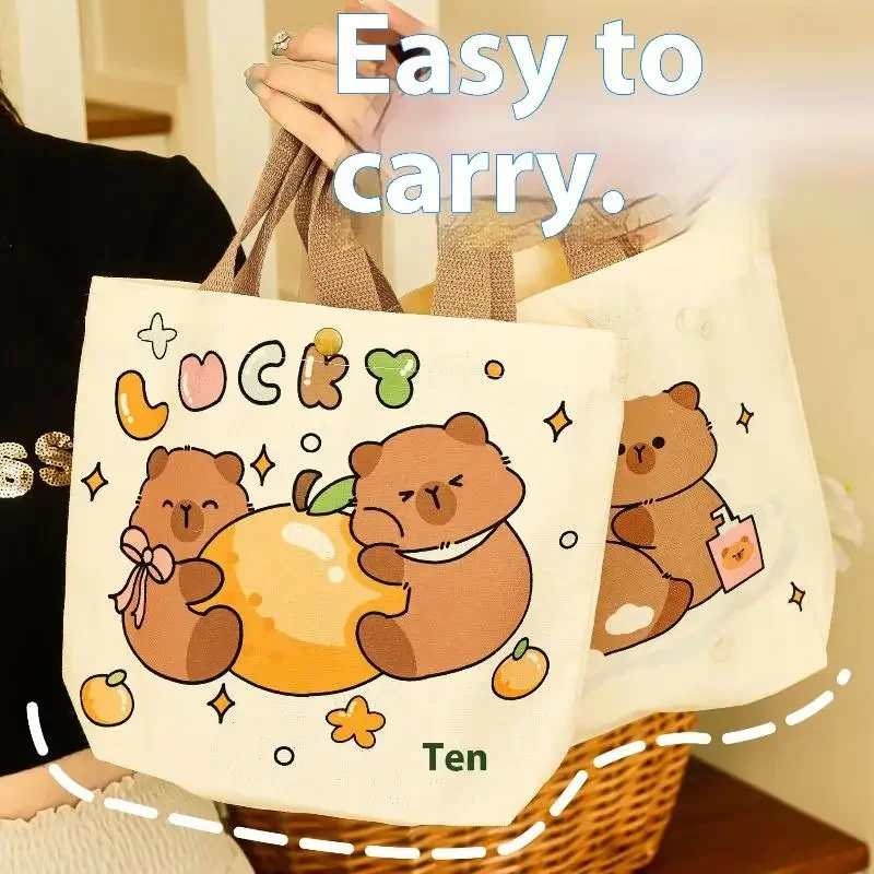 

Холщовая сумка с милым мультяшным капибарой, большая вместительная сумка на кнопках, портативные сумки-тоут, маленькая сумка с милым принтом, женская сумка для покупок