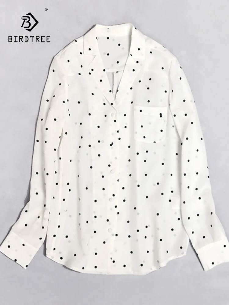 Birdtree 100%Mulberry Silk Women Elegant Blouse Simple Design Long Sleeves Polka Dot V Neck Graceful Style Shirt New T37818QC