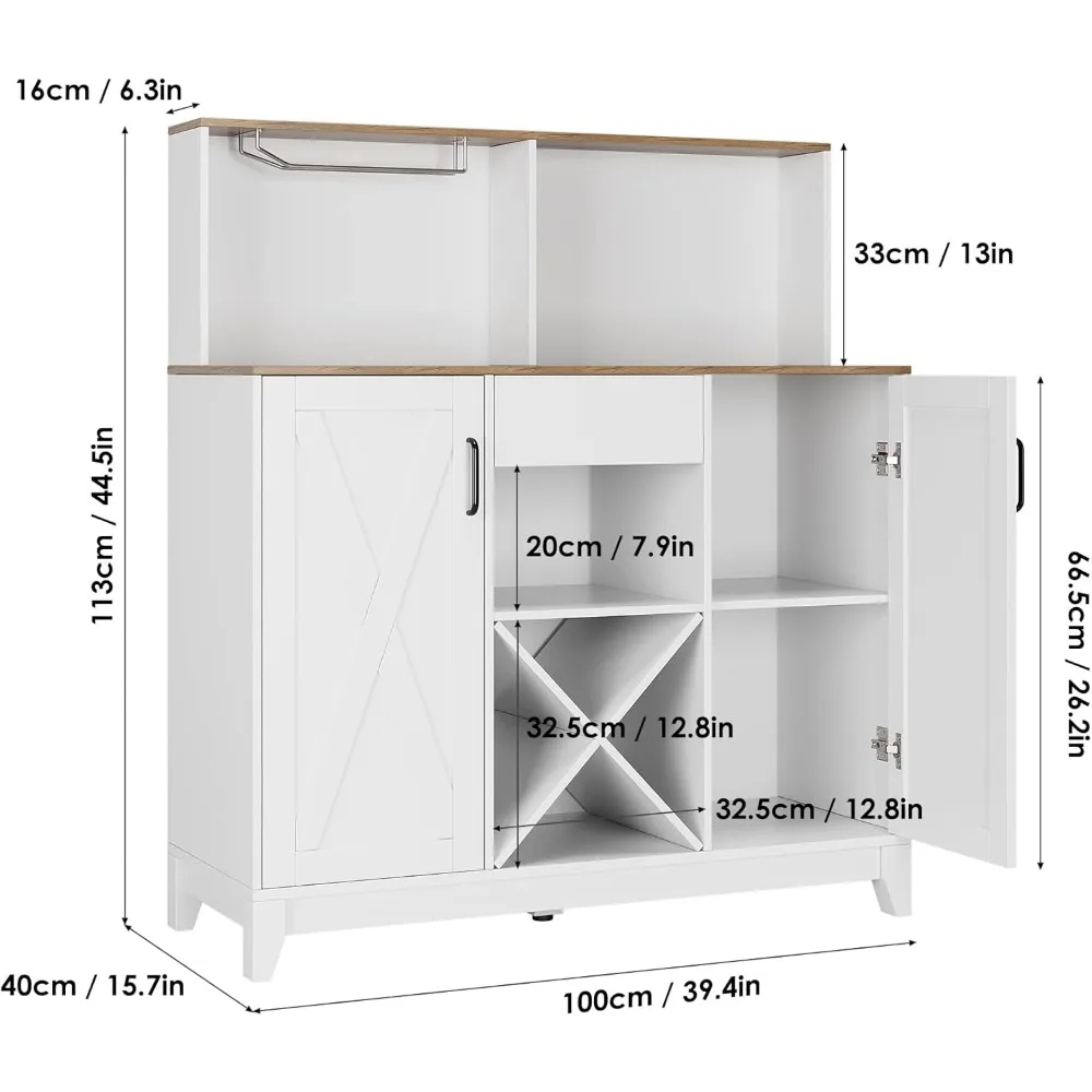Farmhouse Coffee Bar Cabinet, Barn Doors Wine Liquor Bar  with Storage Hutch, Kitchen Sideboard Buffet with Drawer | Shelves