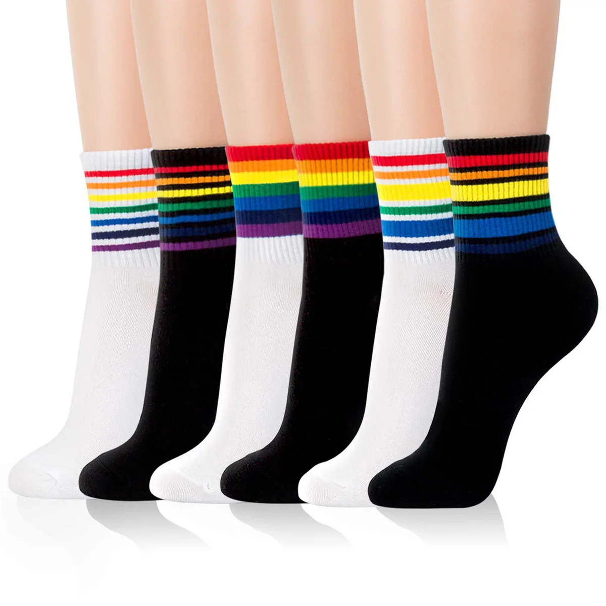 3 Pairs Unisex Black White Striped Rainbow Novelty Funny Ankle Crew Socks For Men Women