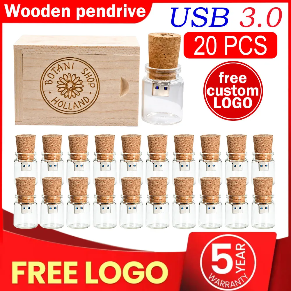 20pcs 3.0 New Arrival Messenger Bottle Usb Memory Stick Glass Drift Bottle Usb Flash Drives Wooden Cork Pendrive 16GB 32GB 64GB
