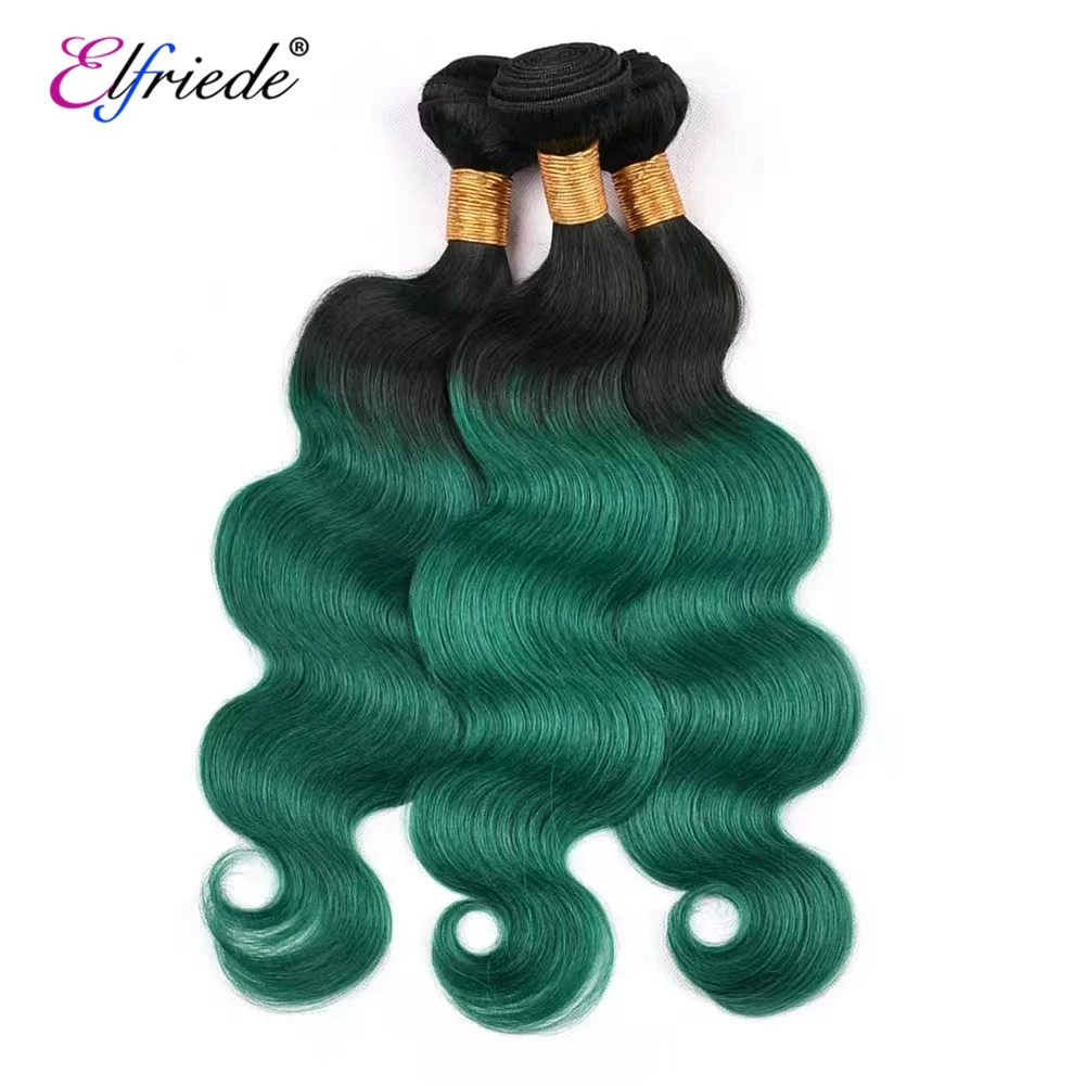 Elfriede-Mèches Body Wave Naturelles avec Closure, Cheveux Humains, Ombré # 1B/Vert, Cousus sur Trames, 3 Lots, avec Closure en Dentelle Transparente, 4x4