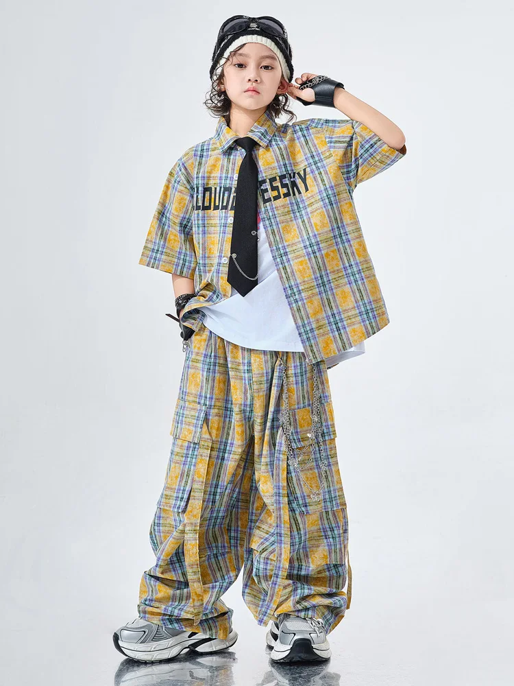 Mädchen Hip Hop Kariertes Hemd Cargo Hosen Jungen Street Dance Kleidung Set Kind Teensage Streetwear Kinder K-pop Jazz Kostüm