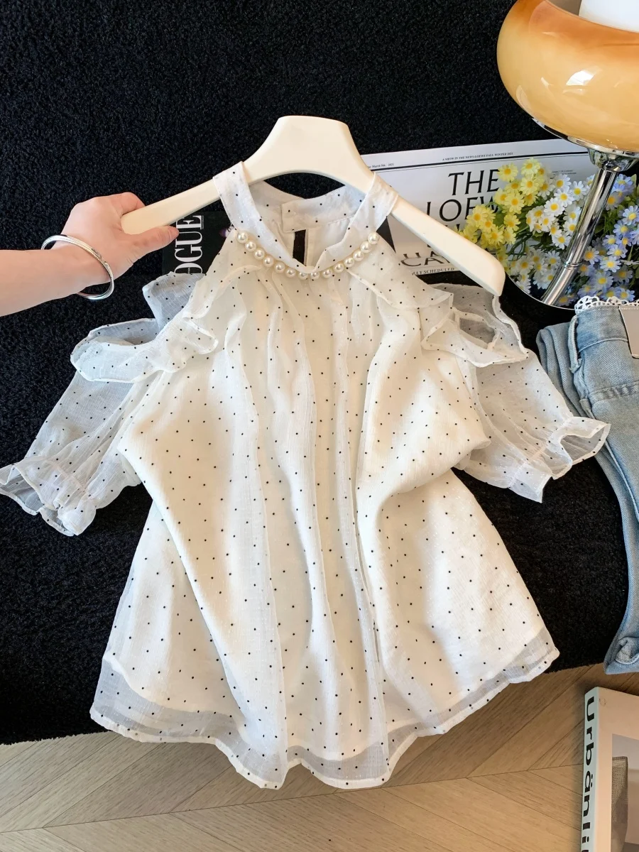 

Korean Style Sweet Loose Polka Dot Short Sleeve Chiffon Shirt Women's Summer New Style Slimming Shoulder Bared Top