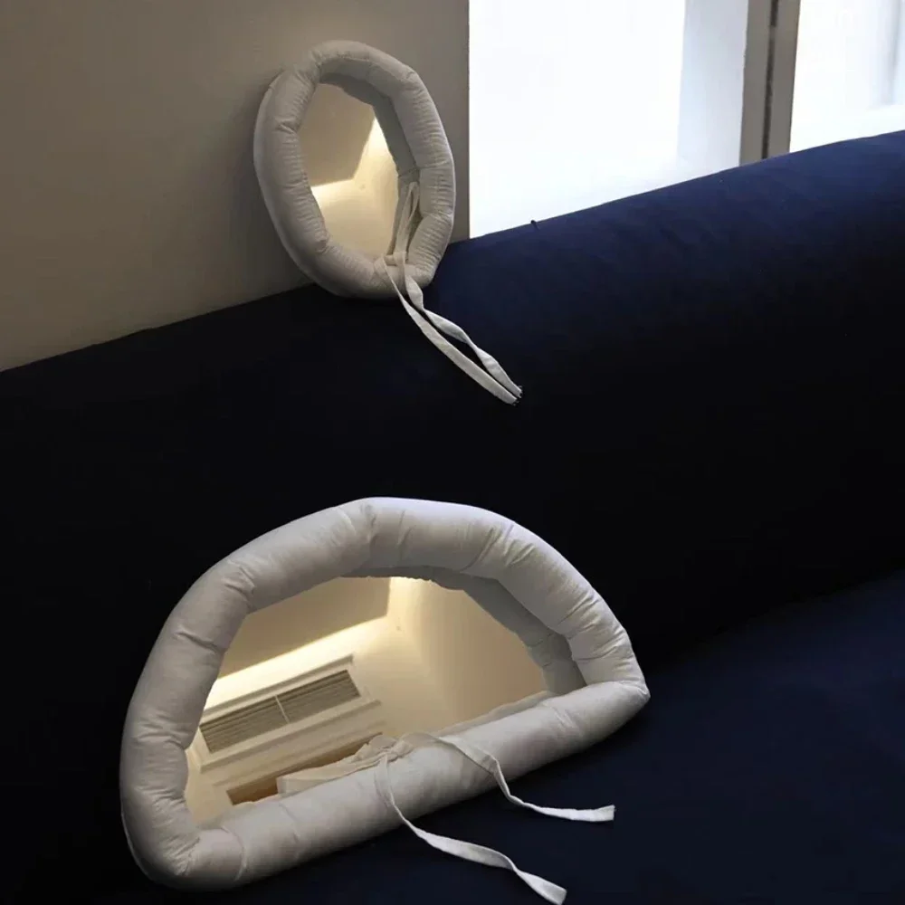 

Pure Color Cotton Cloth Hanging Mirror Home Decor Soft Cotton Filling Makeup Mirrors Portable Round Acrylic Mirror