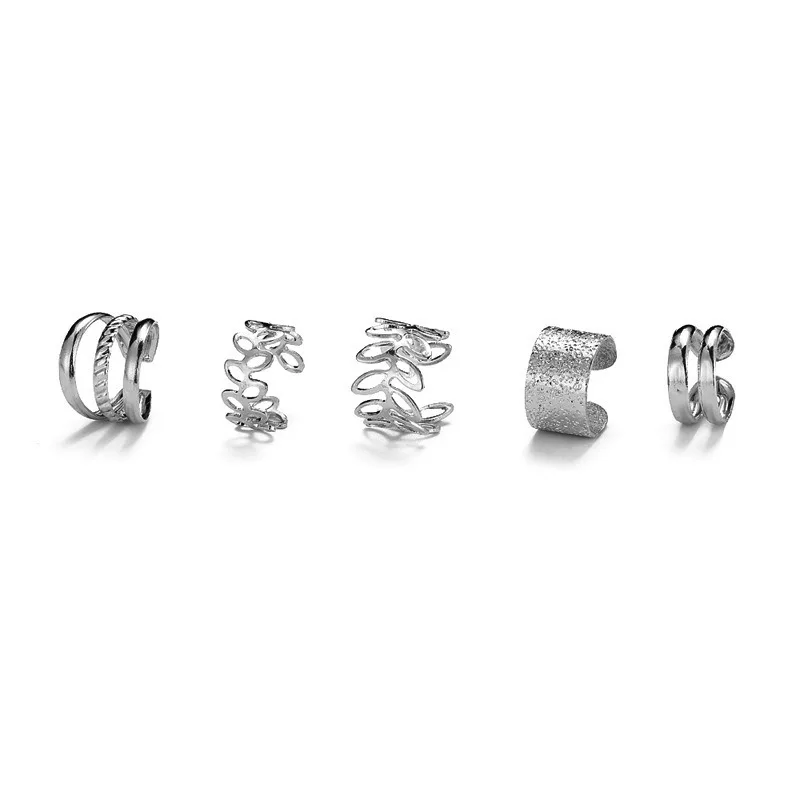 5pcs Silver Color Leaves Clip Earrings for Women Men, Creative Simple C Ear Cuff Non-Piercing Ear Clip Set Trend Jewelry Gift image 6