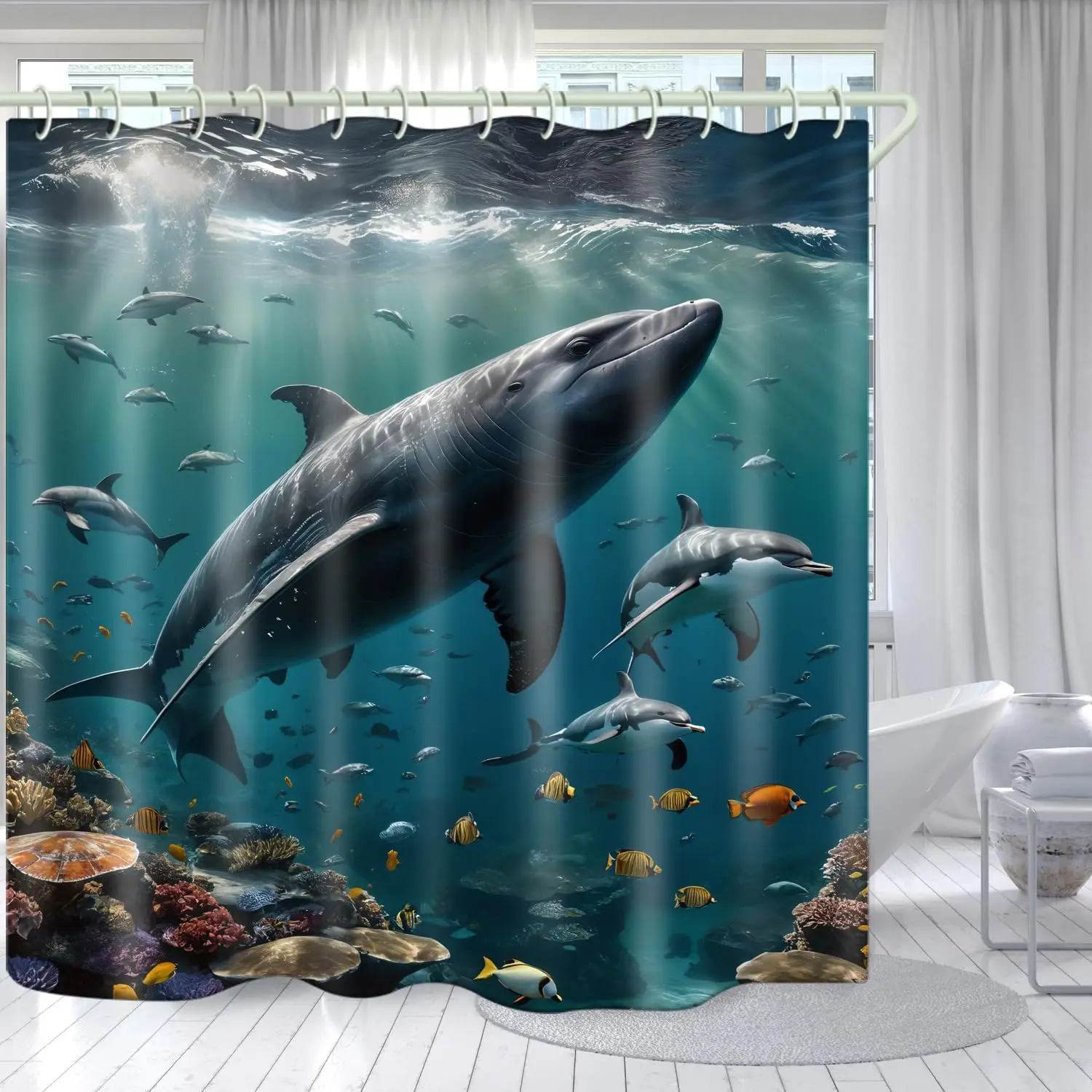 

Ванная комната с использованием 3D занавески для душа Sea Bottom Big Fish, роскошной стандартной занавески для душа для ванны, водонепроницаемой и яркой ткани Showe