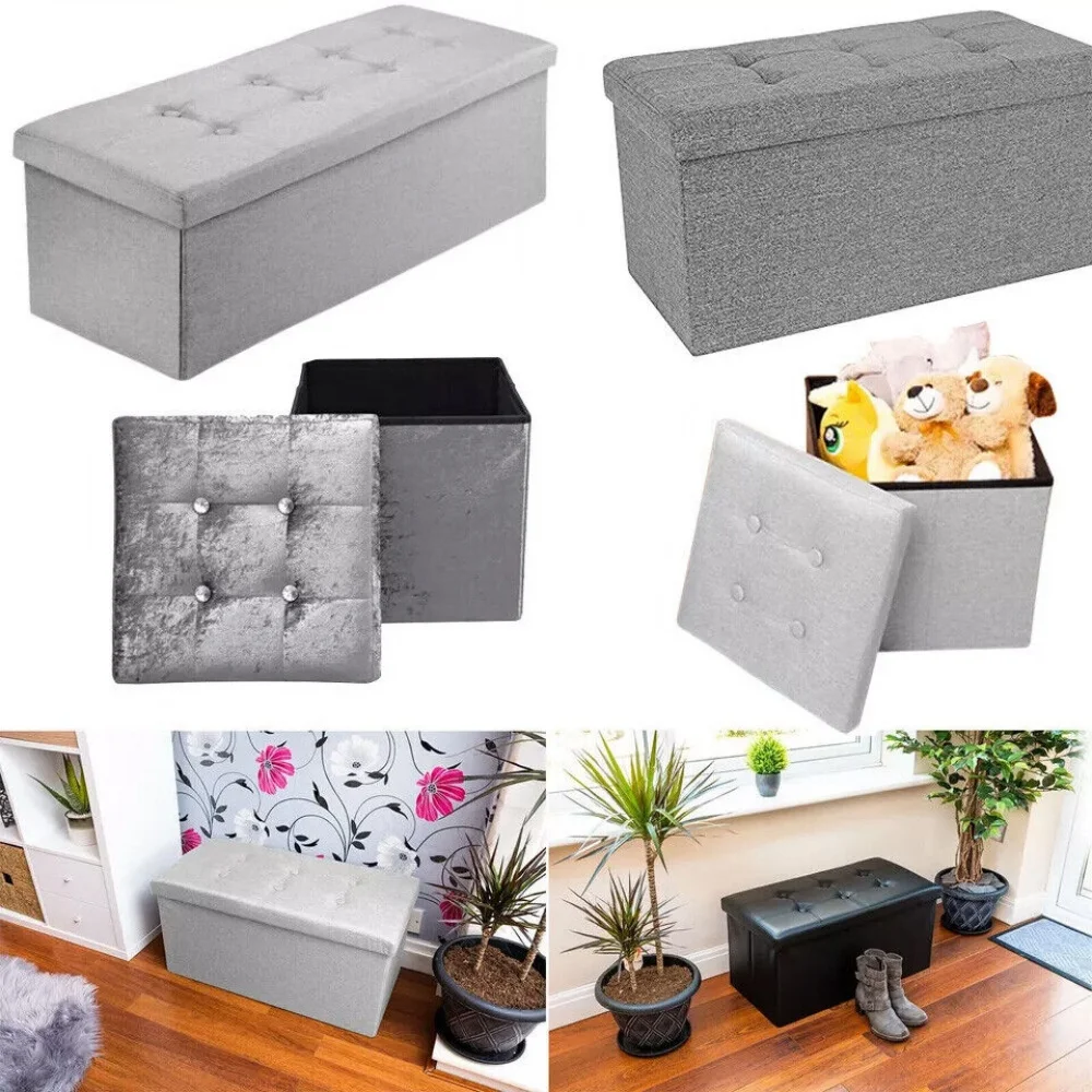 Storage box Foldable Ottoman Seat Toy Storage Box Foot Stool bench home stool E: Fabric - Light Grey 3 Seater