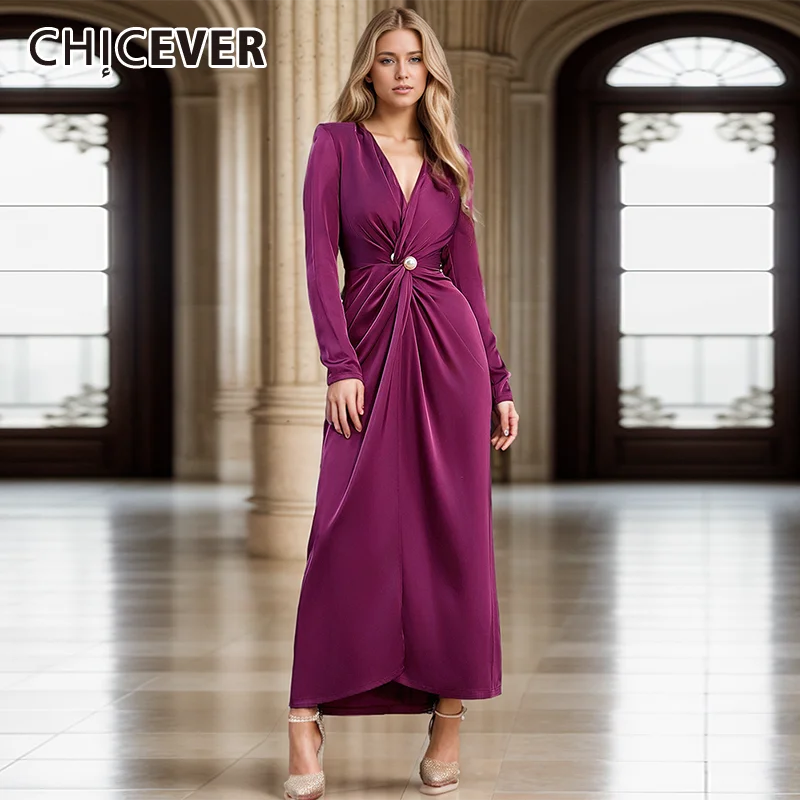 

CHICEVER Luxury Spliced Folds Split Dress For Women V Neck Long Sleeve High Waist Patchwork Buttons Solid Dresses Female Autumn