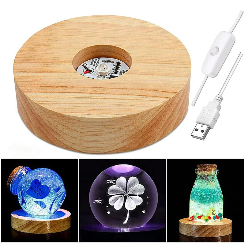 10CM Round Wooden Night Light Base Rechargeable LED Light Display Stand Lamp Holders Multi-color Lamp Base With Power Adapter