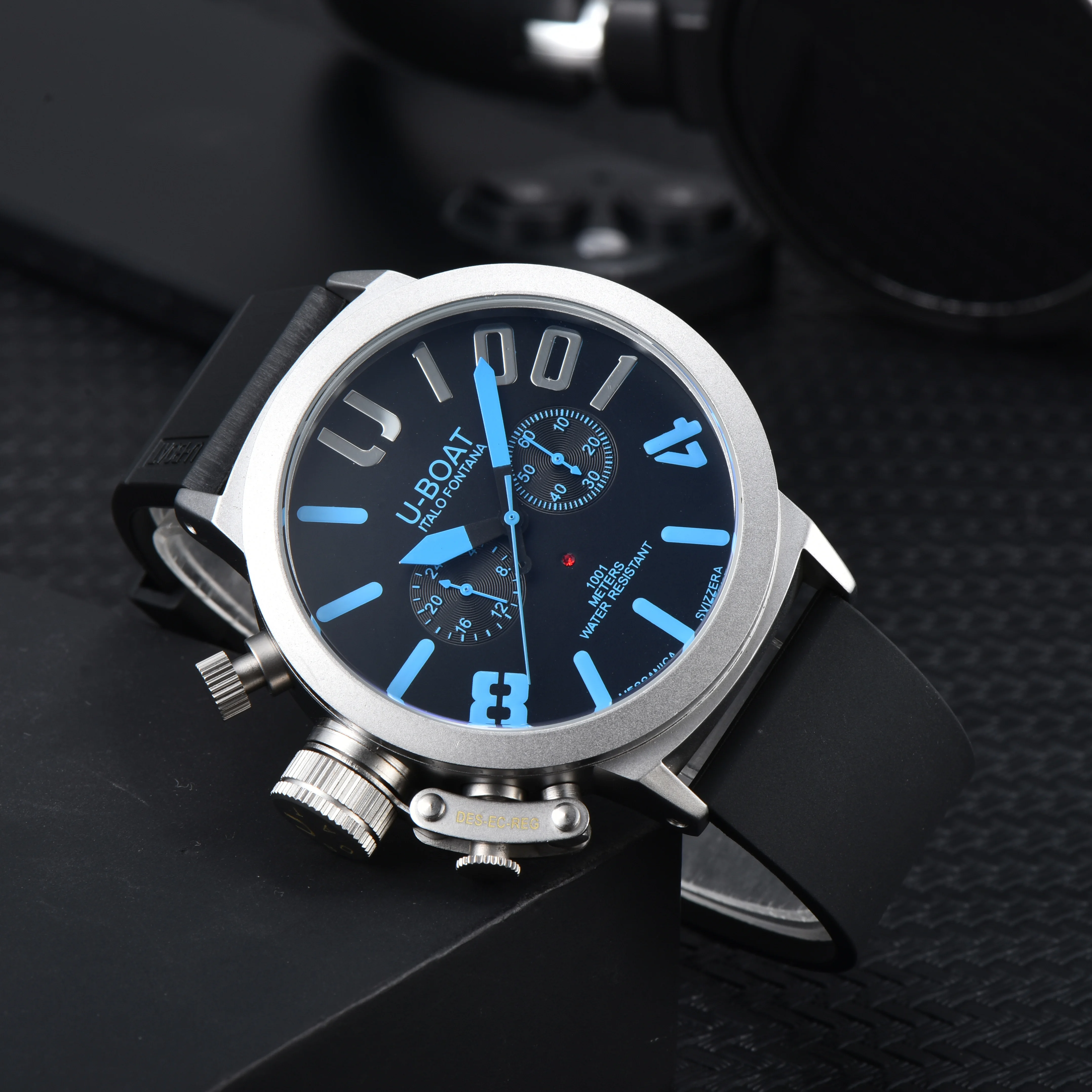 U-BOAT Men's Quartz Chronograph Watch 44mm Stainless Steel Case Silicone Band 1001M Waterproof image 3