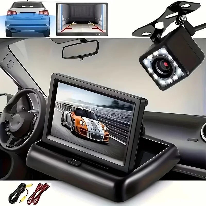 4.3in Folden Car Backup Camera Rear Camera Monitor Kit with 12 LED Lights 480P Night Vision for Cars, Trucks, RVs, Mini-Vans