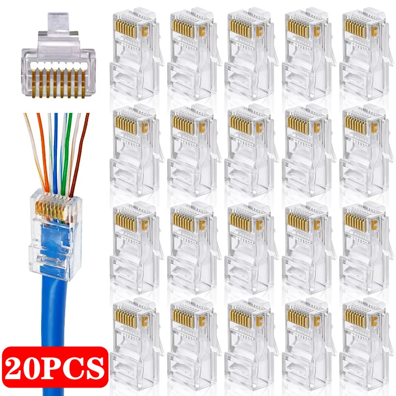 PC Hardware Cable Adapter CAT5e RJ45 Pass Through Modular Plug Network Connector RJ-45 UTP 30μ 1.2mm Hole End for Ethernet Cable