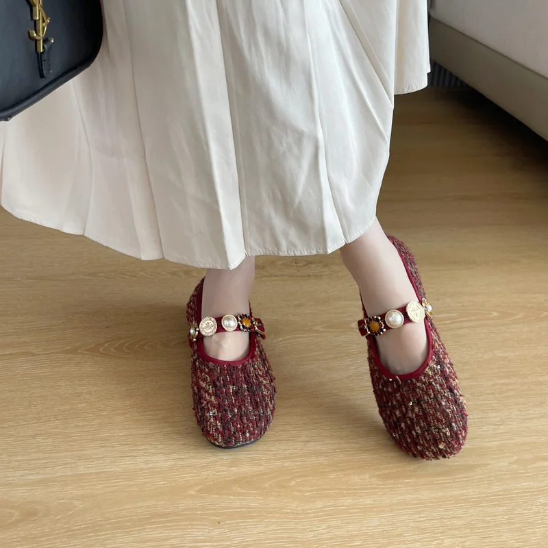 

Women Ballet Flats Fall Low Heel Pumps Knitted Mary Jane Shoes New Design Rhinestone Buckle Flat Shoes Big Size 43 Femme Shoes