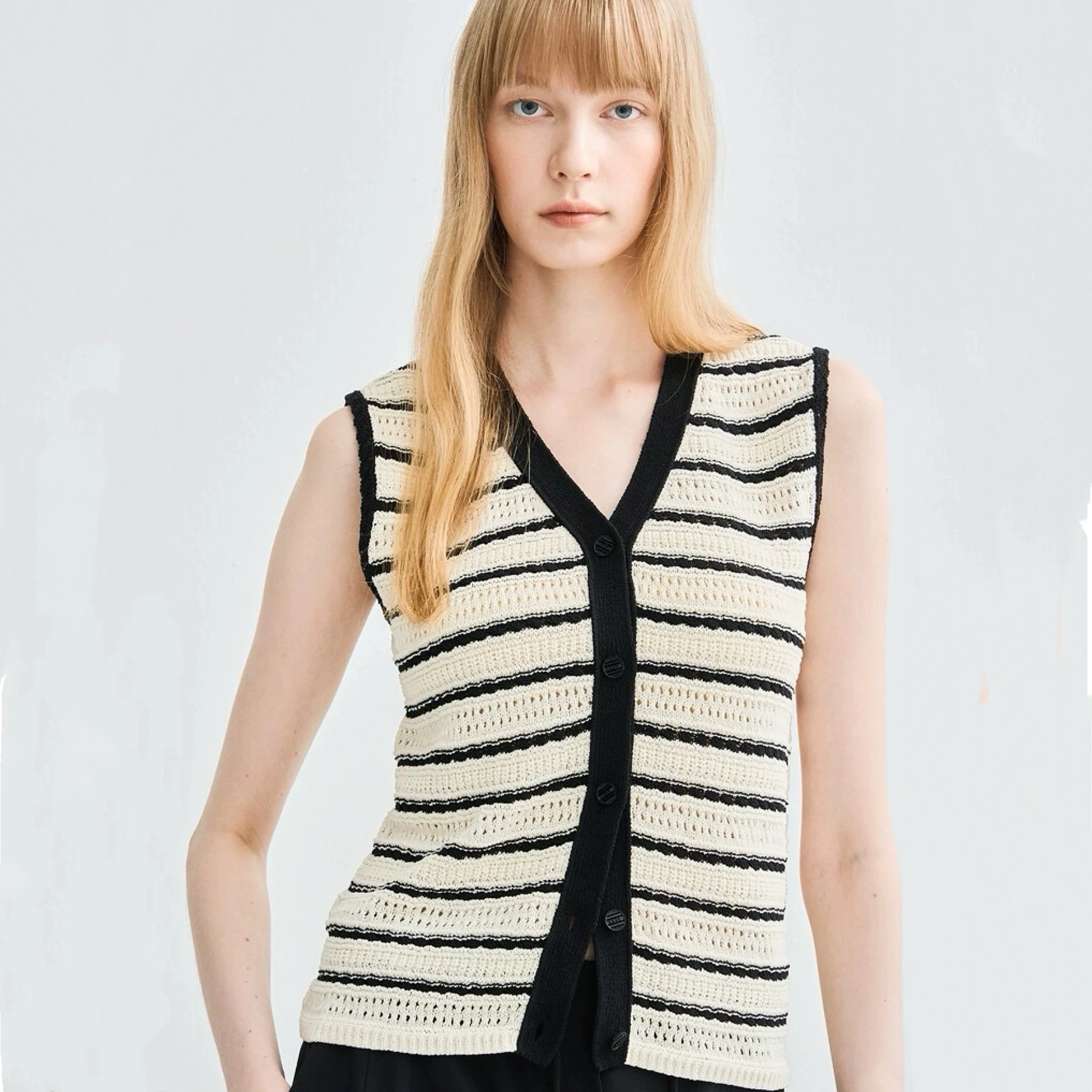 

LTT 25, летний вязаный жилет с v-образным вырезом в прямую полоску, цветной блуз, универсальный жилет с вырезами на пуговицах, простой жилет Ele Commute Sle Bal