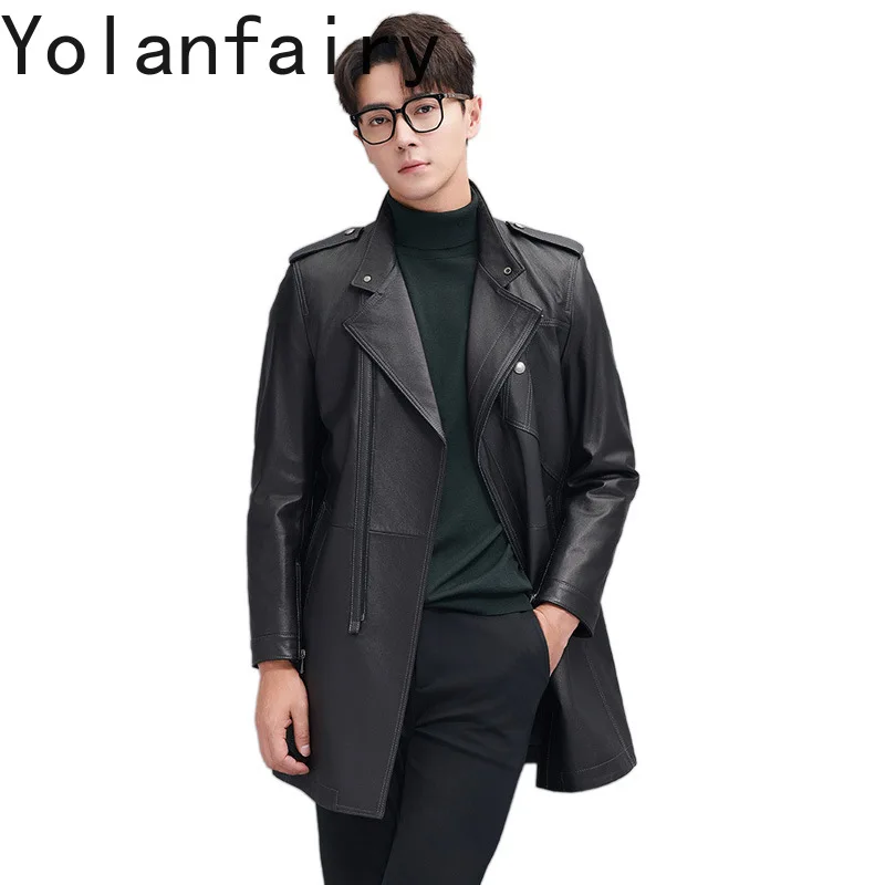 YOLANFAIRY High-end Genuine Leather Jacket Man 2025 Mid-length The First Layer Cowhide Leather Trench Coat Men's Leather Jackets