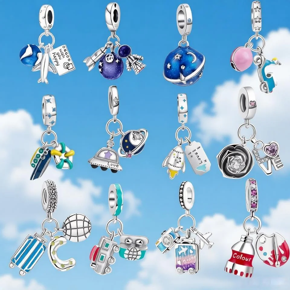 Original 925 Sterling Silver Travel Airplane Ship Suitcase Series Pendant DIY Charms Bracelet Accessories Women Fashion Jewelry