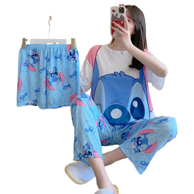 بدلة بيجامة ديزني ليلو وستيتش مكونة من ثلاث قطع وإكسسوارات شخصيات كرتونية بدلة بيجامة منزلية مريحة للفتيات كاواي