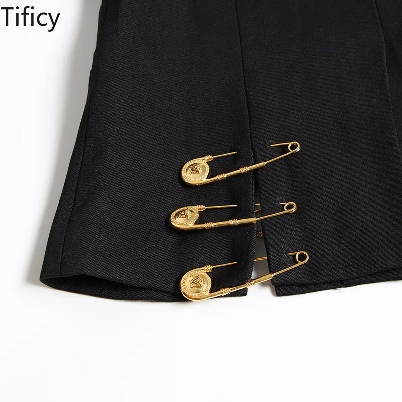 TIFICY Big Pin Embellished Blazer Women\'s Spring 2024 New Fashion Mesh Stitched Long Sleeve Slim Slim Jacket Wholesale