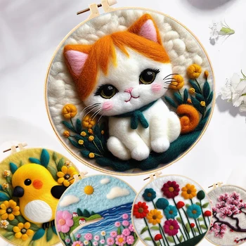자수 고양이 꽃 프레임 울 펠트 키트, 펠트 바늘 도구, 폼 펠트 천 지시 