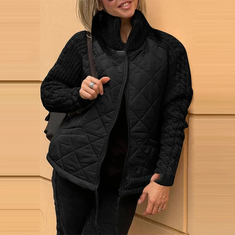 Autumn Fashion Stand Collar Zipper Short Jacket Lady Causal Long Sleeve Solid Down Coat Winter Elegant Patchwork Loose Outerwear