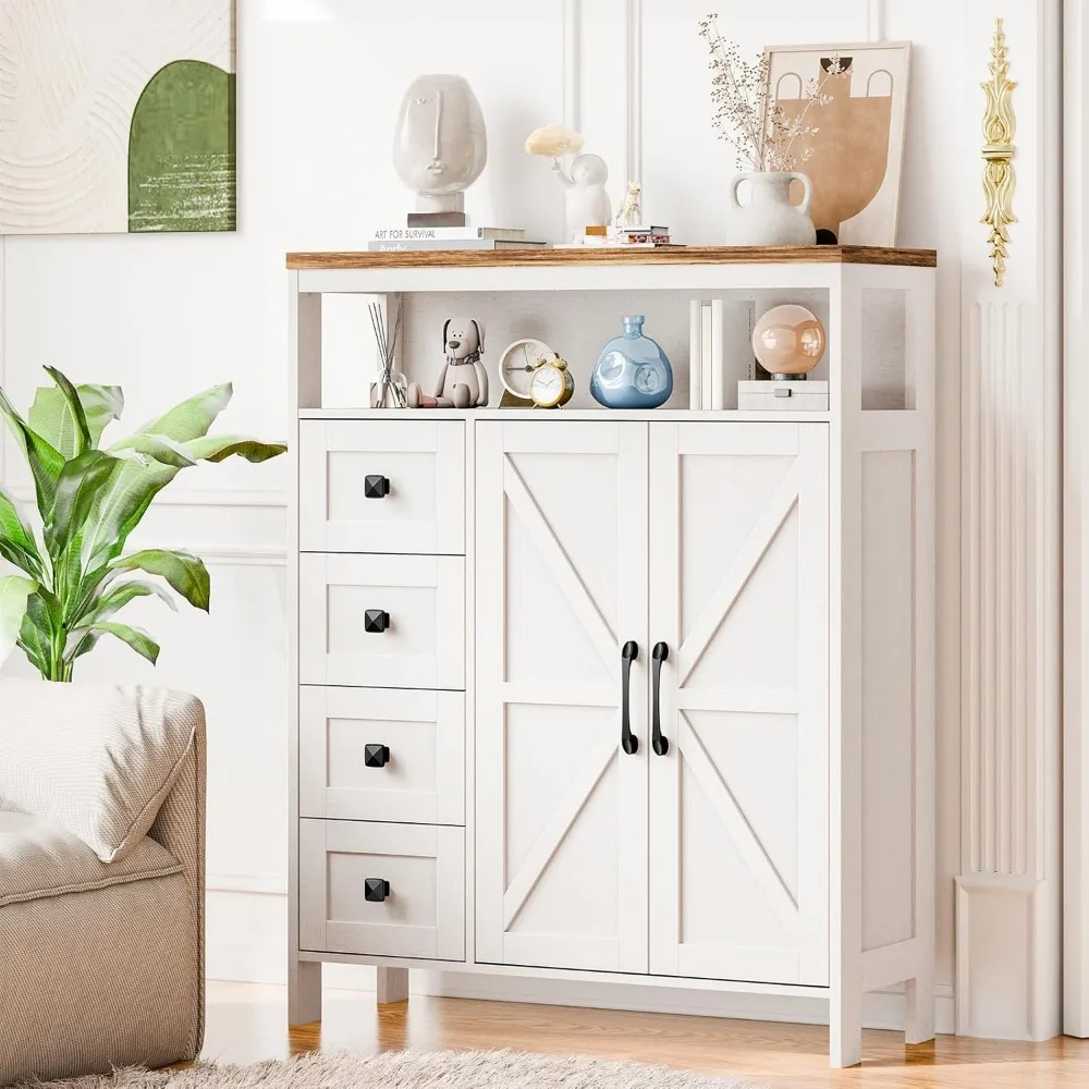 

Farmhouse Cabinet With 2 Doors and 4 Drawers, Freestanding Bathroom Storage for Kitchen/Living Room, Floor Pantry Hutch Cupboard