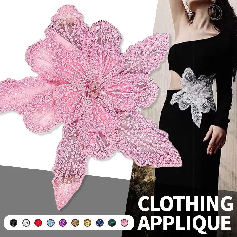 

3D Flower Patch Multi Layer Organza Lace with Sequins Beads Crystal Studded for DIY Clothing Applique Sweater Coat Embroidery