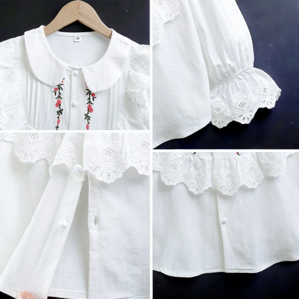 Kids Tops Outfits Shirts Girls Blouses Embroidery Flower Long Sleeve Teenagers Costumes Children Clothes 4 5 6 7 8 9 10 12 Years