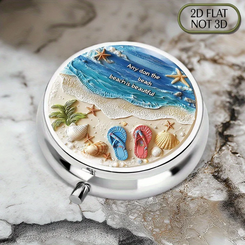 Single-piece flat portable round metal pill box, decorated with beach motifs to create a relaxed holiday atmosphere, perfect for storing and organizing medication, suitable for safely storing vitamins, and can also serve as a multi-functional storage box for small accessories and coins, with a flat design