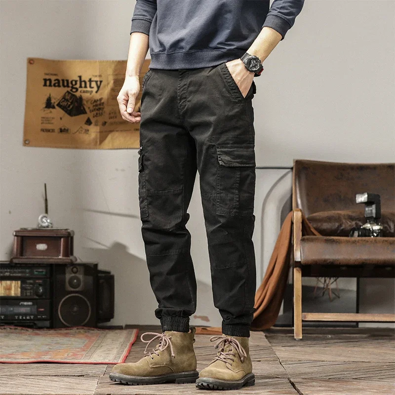 

Men's Cotton Loose Sports Casual Pants Fashion Multi-Pocket Simple Binding Feet zipper Hip Pop Streetwear Cargo Pants Jogger Men