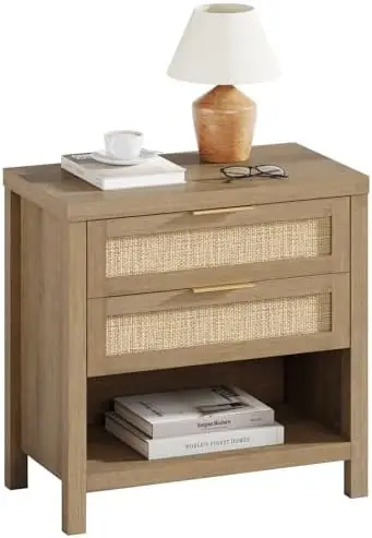 Rattan Nightstands, Farmhouse Bedside Table with 2 Drawers and Storage Shelf, Rattan Boho Accent Night Stands for