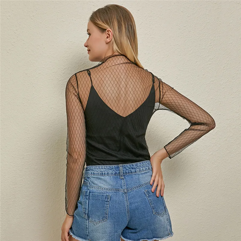 Sexy malha transparente blusas topos roupas sem forro superior vestuário manga longa net construir moda feminina clubwear