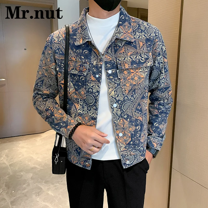 Abstract Pattern Travel Men's Denim Jacket Harajuku Shirts Jackets Male Coat Fashion Casual Outerwear Everyday Clothes American