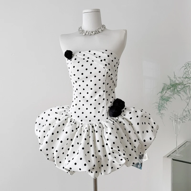 

3D Rose Polka Dot Bub Dress Fishbone Lace-up Evening Party Short Dress with Shorts Fashion Sexy Luxury Dress with Chest Pad