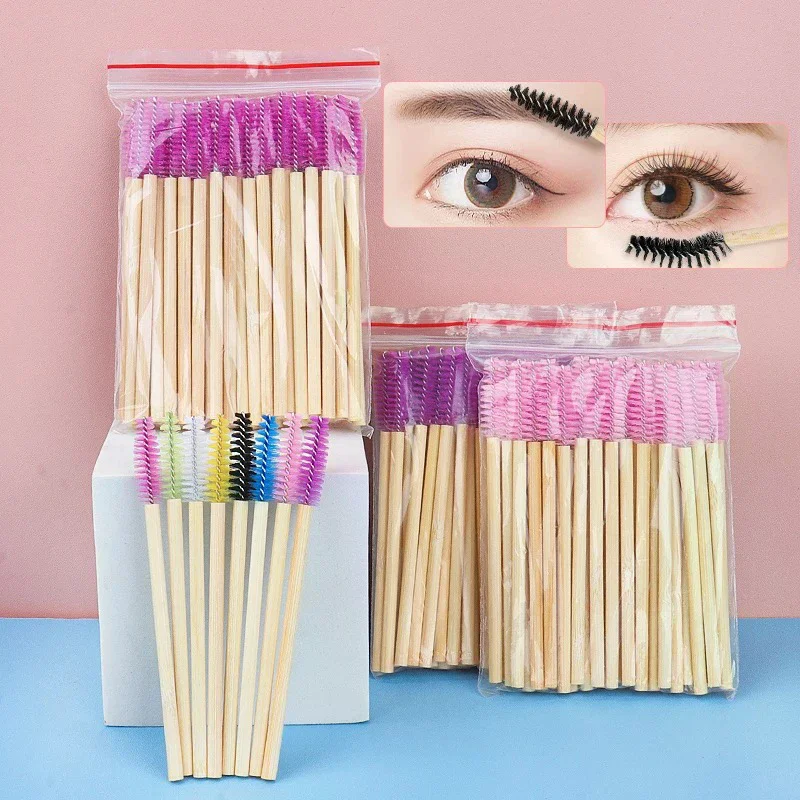 50Pcs Bambus Griff Wimpern Pinsel Make-Up Pinsel Wimpern Verlängerung Mascara Wands Applikatoren Wimpern Curling Kamm Make-Up-Tool